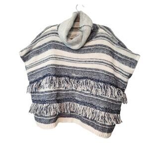 NWT Linda Anderson Boho Blue/White Fringe Turtleneck Sweater Poncho Women OS